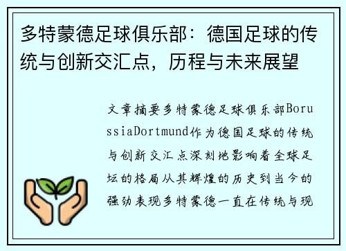 多特蒙德足球俱乐部：德国足球的传统与创新交汇点，历程与未来展望